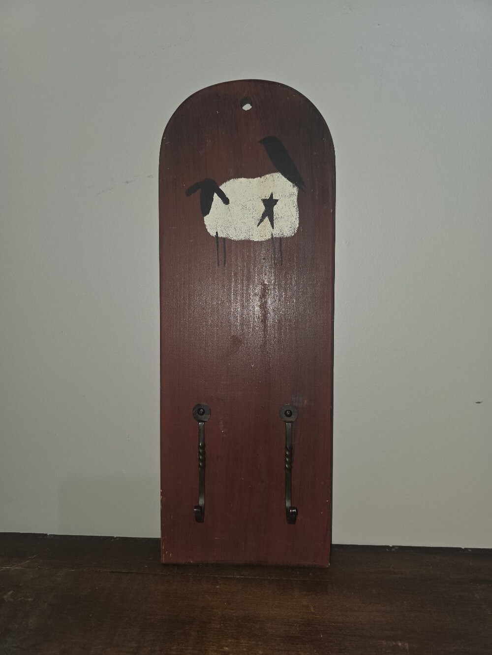 Primitive Wooden Wall Hanging featuring a Sheep and 2 Hooks